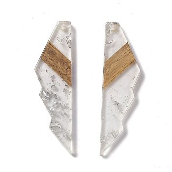 Transparent Resin & Walnut Wood Big Pendants, Jagged Shape Charms with Silver Foil, Clear, 53x14x3mm, Hole: 2mm