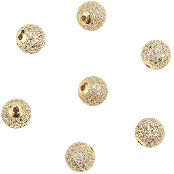 Brass Cubic Zirconia Beads, Round, Clear, Golden, 10mm, Hole: 2mm, 10pcs/box
