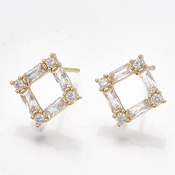 Brass Cubic Zirconia Stud Earrings, Rhombus, Clear, Real 18K Gold Plated, 13x13mm, Pin: 0.7mm