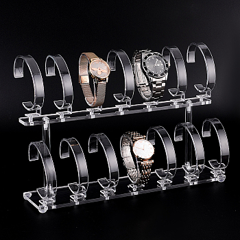 2 Tiers Acrylic Watch Display Stands, with Removable 14Pcs Strand Holders, Tabletop Jewelry Bracelet Display Holder, Clear, Finished Product: 6.7x29.3x19.5cm