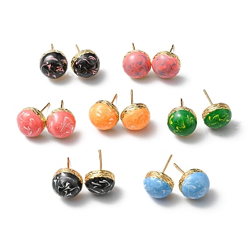Enamel Half Round Stud Earrings, Real 18K Gold Plated Brass Jewelry, Cadmium Free & Lead Free, Mixed Color, 10.5x6mm