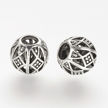 Alloy European Beads, Round, Large Hole Beads, Antique Silver, 11x9.5mm, Hole: 4mm
