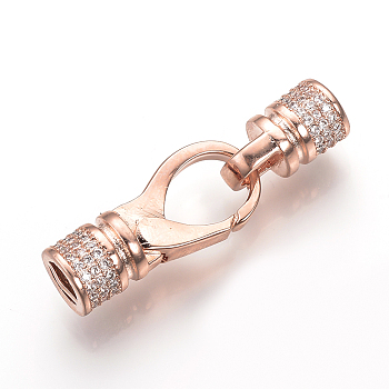 Brass Micro Pave Cubic Zirconia Push Gate Clasps, Rose Gold, 37x11x8mm, Hole: 4x2mm