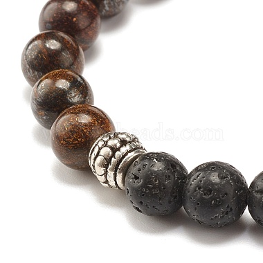 Natural Bronzite & Lava Rock Round Beads Stretch Bracelet(BJEW-JB07457)-6