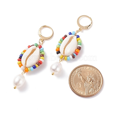 Natural Shell and Pearl Wrapped Dangle Hoop Earrings(EJEW-TA00049)-3