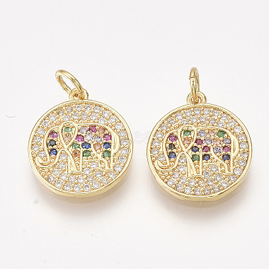 Golden Colorful Flat Round Brass+Cubic Zirconia Pendants