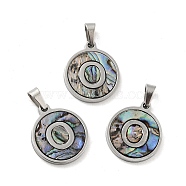 304 Stainless Steel with Paua Shell Pendants, Stainless Steel Color, Flat Round with Letter Charm, Letter.O, 18x16x1.5mm, Hole: 3x6mm(STAS-G268-02O-P)