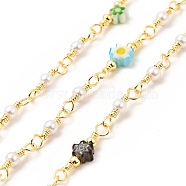 Glass Pearl & Flower Beaded Chains, with Real 18K Gold Plated Brass Findings, Soldered, with Spools , Colorful, 18.5x5x2.5mm, 12.5x3mm(CHC-C003-06G)