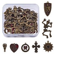 28Pcs 7 Style Tibetan Style Rack Plating Alloy Pendants, Retro Charms, Bat, Skeleton, Shield, Cross, Heart & Flower, Antique Bronze, 21~51x10~27.5x2.5~4.5mm, Hole: 1.5~2mm, 4pcs/style(FIND-SZ0002-98)