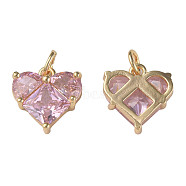 Brass Micro Pave Clear Cubic Zirconia Pendants, with Jump Rings, Nickel Free, Real 18K Gold Plated, Heart, Pink, 12x12x3.5mm, Jump Ring: 5x1mm, 3mm inner diameter(KK-N233-228A)
