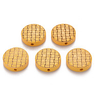 Painted Natural Wood Beads, Laser Engraved Pattern, Flat Round, Gold, 15x5mm, Hole: 1.8mm(WOOD-N006-05A)