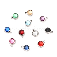 304 Stainless Steel Charms, with Acrylic Rhinestone, Birthstone Charms, Faceted, Flat Round, Stainless Steel Color, Mixed Color, 10x8x4mm, Hole: 1.3mm(STAS-I165-04B-P)