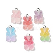 Gradient Color Translucent Resin Pendants, Druzy Bear Charms with Platinum Plated Iron Loops, Mixed Color, 20x11x5mm, Hole: 2mm(RESI-P034-01P)
