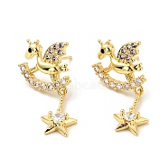 Cubic Zirconia Hobbyhorse with Star Dangle Stud Earrings, Brass Jewelry for Women, Cadmium Free & Nickel Free & Lead Free, Real 18K Gold Plated, 30x15mm, Pin: 0.7mm(EJEW-G297-02G)