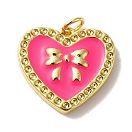 Rack Plating Brass Pendants, with Enamel and Jump Ring, Cadmium Free & Lead Free, Long-Lasting Plated, Real 18K Gold Plated, Heart with Bowknot Charm, Deep Pink, 16.5x18x3mm, Hole: 3mm(KK-U027-24G-02)