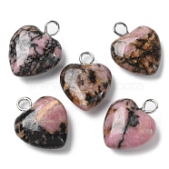 Natural Rhodonite Pendants, Heart Charms with Platinum Plated Brass Loops, 14.8~15x12x4.1~4.6mm, Hole: 2mm(G-E603-01P-05)
