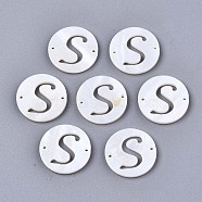 Natural Freshwater Shell Links Connectors, Flat Round with Letter, Letter.S, 14.5x1.5mm, Hole: 0.9mm(SHEL-S276-120S)