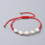 Braided Bead Bracelets, with Natural Cultured Freshwater Pearl Beads, Brass Beads and Nylon Thread, White, 1-1/8 inch~3-1/2 inch(3~9cm)(BJEW-JB04821-01)