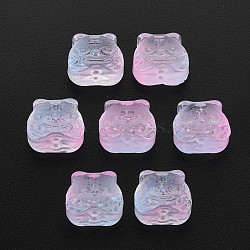 Two Tone Transparent Spray Painted Glass Beads, Chinese Zodiac Signs Tiger, Pink, 11.5x12x8mm, Hole: 1mm(GLAA-T022-22-C04)
