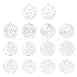 42Pcs 7 Style 201 Stainless Steel Filigree Pendants, Etched Metal Embellishments, Flat Round, Stainless Steel Color, 31.5~32.5x30~31x0.2~0.3mm, Hole: 1.2~1.6mm, 6pcs/style(STAS-DC0014-75)