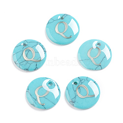 Synthetic Turquoise Charms, with Plastic Letter, Flat Round, Letter.Q, 15x2mm, Hole: 1.5mm(G-L561-001Q)