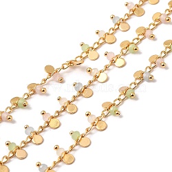 Handmade Brass Link Chain, with Glass Beads, Soldered, with Spool, Real 18K Gold Plated, Misty Rose, 3x1.5x0.3mm and 7x3x2.5mm, about 16.40 Feet(5m)/Roll(CHC-E028-05G-02)