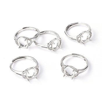 Adjustable Brass Finger Ring Components, 4 Claw Prong Ring Settings, with Clear Cubic Zirconia, Platinum, Size 7, 17mm, Tray: 9.5x8mm
