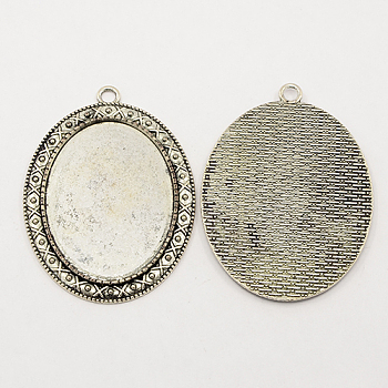 Tibetan Style Zinc Alloy Pendant Cabochon Settings, Cadmium Free & Lead Free, Antique Silver, Flat Oval Tray: 40x30mm, 54.5x40x2mm, Hole: 3mm