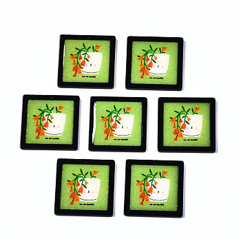 Printed Acrylic Pendants, with Glitter Powder, Square with Flower, Light Green, 33x33x2mm, Hole: 1.5mm
