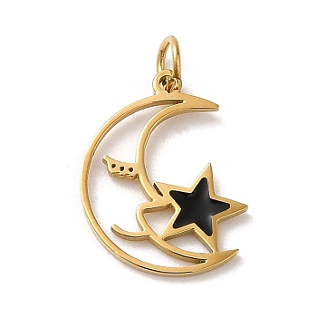 304 Stainless Steel Charms, with Enamel and Jump Ring, Real 14K Gold Plated, Moon with Star Charm, Black, 15x12x0.9mm, Hole: 2.6mm