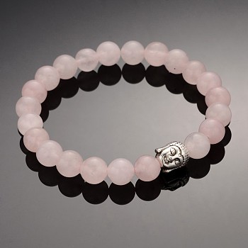 Buddhist Gemstone Beaded Stretch Bracelets, with Alloy Tibetan Style Buddha Beads, Rose Quartz, 59mm