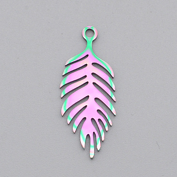 Ion Plating(IP) 201 Stainless Steel Pendants, Laser Cut, Leaf, Rainbow Color, 25x10x1mm, Hole: 1.6mm