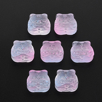 Two Tone Transparent Spray Painted Glass Beads, Chinese Zodiac Signs Tiger, Pink, 11.5x12x8mm, Hole: 1mm