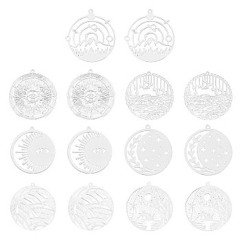42Pcs 7 Style 201 Stainless Steel Filigree Pendants, Etched Metal Embellishments, Flat Round, Stainless Steel Color, 31.5~32.5x30~31x0.2~0.3mm, Hole: 1.2~1.6mm, 6pcs/style