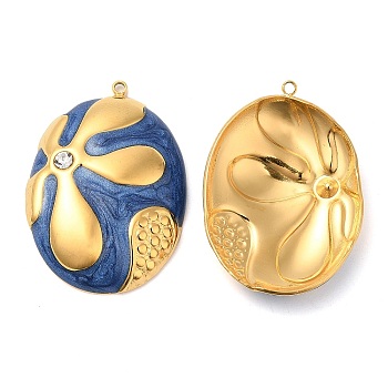 Enamel Pendants, with 304 Stainless Steel Rhinestone Finding, Real 18K Gold Plated, Oval with Flower Charm, Royal Blue, 34x23.5x5.3mm, Hole: 1.4mm