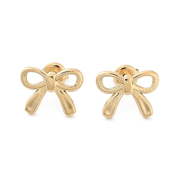 304 Stainless Steel Stud Earrings, Hollow Bowknot, Real 14K Gold Plated, 11.5x15mm