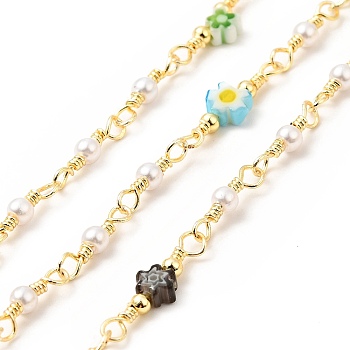 Glass Pearl & Flower Beaded Chains, with Real 18K Gold Plated Brass Findings, Soldered, with Spools , Colorful, 18.5x5x2.5mm, 12.5x3mm
