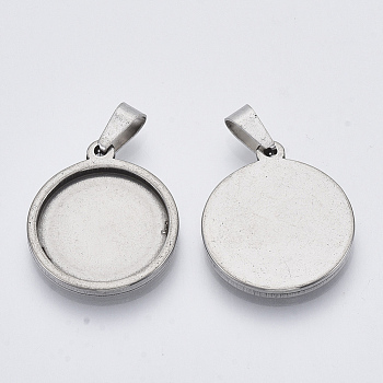201 Stainless Steel Pendant Cabochon Settings, Flat Round, Stainless Steel Color, Tray: 18mm, 24.5x21x2.2mm, Hole: 4x8mm