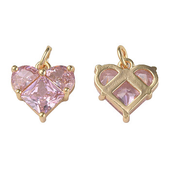 Brass Micro Pave Clear Cubic Zirconia Pendants, with Jump Rings, Nickel Free, Real 18K Gold Plated, Heart, Pink, 12x12x3.5mm, Jump Ring: 5x1mm, 3mm inner diameter