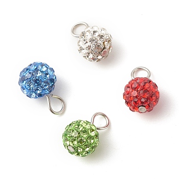 Polymer Clay Rhinestone Pendants, with 304 Stainless Steel Findings, Round, Mixed Color, 12x8mm, Hole: 3mm