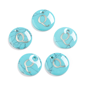 Synthetic Turquoise Charms, with Plastic Letter, Flat Round, Letter.Q, 15x2mm, Hole: 1.5mm