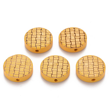 Painted Natural Wood Beads, Laser Engraved Pattern, Flat Round, Gold, 15x5mm, Hole: 1.8mm