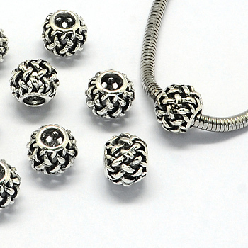 Alloy European Beads, Large Hole Beads, Rondelle, Hollow, Antique Silver, 11x9mm, Hole: 4.5mm