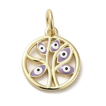 Brass Enamel Charms, with Jump Ring, Real 18K Gold Plated, Flat Round with Tree & Evil Eye Charm, Lilac, 15x13.5x1.4mm, Hole: 3.6mm