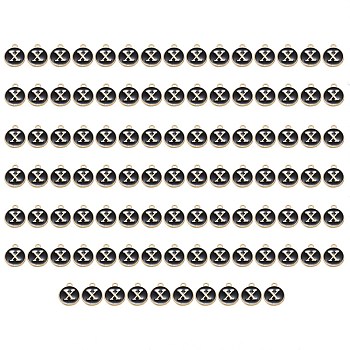 Golden Plated Enamel Alloy Charms, Enamelled Sequins, Flat Round, Black, Letter.X, 14x12x2mm, Hole: 1.5mm, 100pcs/Box