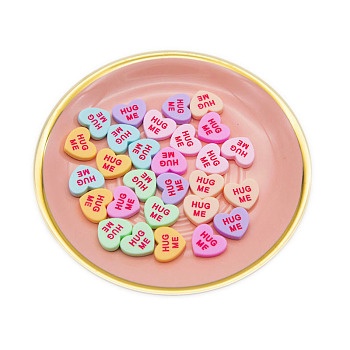 Opaque Resin Cabochons, Heart with Word Hug Me, Mixed Color, 19x18mm