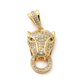 Rack Plating Brass Micro Pave Clear Cubic Zirconia Pendants, Long-Lasting Plated, Cadmium Free & Lead Free, Leopard, Real 18K Gold Plated, 25x14x7mm, Hole: 7x3.5mm