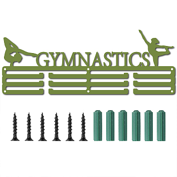 Iron Medal Holder Frame, Medals Display Hanger Rack, with Screws, Rectangle with Word GYMNASTICS, Yellow Green, 15x40cm