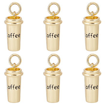 8Pcs Brass Pendants, with Jump Rings, Long-Lasting Plated, Coffee Cup with Word Coffee, Real 18K Gold Plated, 15x7.5mm, Hole: 3mm