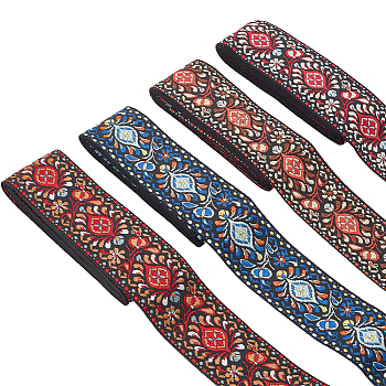Elite 4 Bundles 4 Colors Flat Ethnic Style Polycotton Embroidered Floral Ribbon, for Gift Wrapping, Party Decorations, Mixed Color, 2 inch(51mm), about 2 yards/bundle, 1 bundle/color